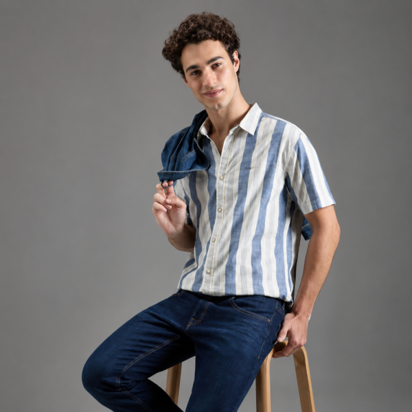 Men's Striped Cotton Casual Shirt (Blue & White)