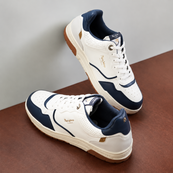 Men's Premium White & Navy Casual Sneakers | Lace-Up Lifestyle Shoes