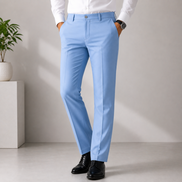 Men's Light Blue Formal Trousers | Slim Fit | Premium Stretch Office Wear Pants