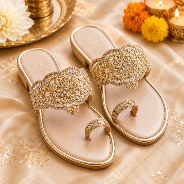 Women's Gold Festive Ethnic Sandals | Embellished Slip-On Flats | Traditional Party Wear Footwear