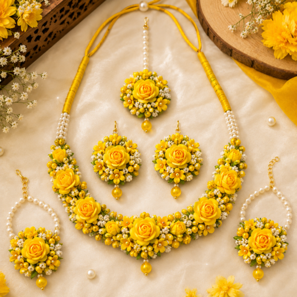 Women's Floral Haldi Jewellery Set with Maang Tikka, Earrings, Bangles & Bracelet