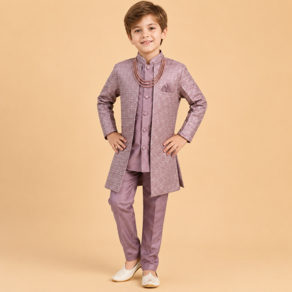 Boys Mauve Embroidered Sherwani Set with Kurta & Pajama | Ethnic Party Wear