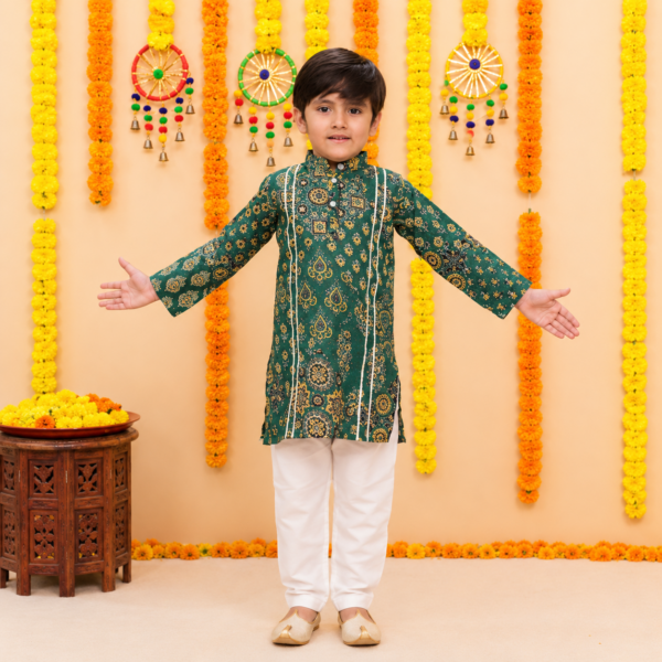 Boys Green Printed Kurta with White Pajama Set | Festive Ethnic Wear