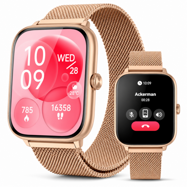 Women's Rose Gold Bluetooth Calling Smartwatch with Premium Milanese Mesh Strap