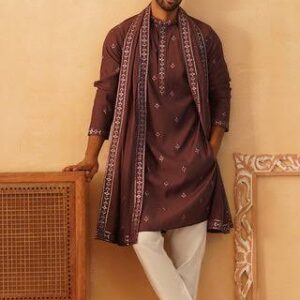 Men's Maroon Embroidered Kurta Set with Dupatta – Festive & Wedding Wear