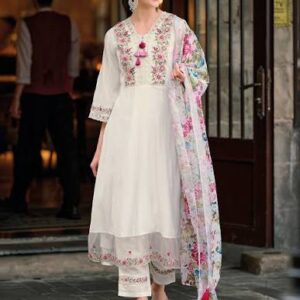 Women's White Floral Embroidered Kurta Set with Printed Dupatta – Elegant Ethnic Wear