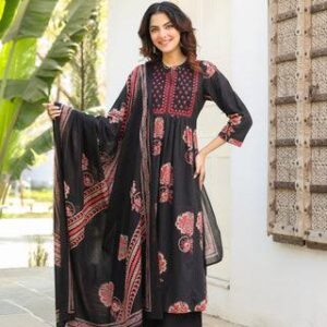 Women's Black Floral Printed Kurta Palazzo Set with Dupatta | Elegant Ethnic Wear