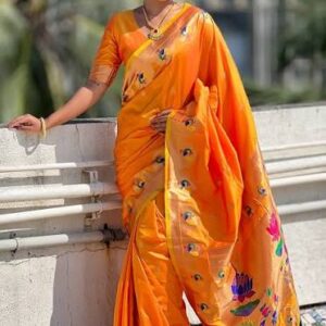 Women's Orange Paithani Style Silk Saree – Traditional Festive & Wedding Wear