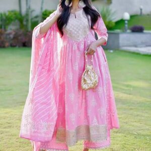 Women's Pink Embroidered Anarkali Suit Set with Dupatta – Festive & Party Wear