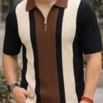 Men's Brown Beige Striped Knitted Zip Polo T-Shirt Casual Wear