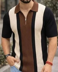 Men's Brown Beige Striped Knitted Zip Polo T-Shirt Casual Wear